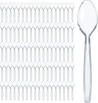Prestee 300 Clear Plastic Spoons Bulk - Durable Disposable Plastic Silverware Spoons - Heat-Resistant Spoon Cutlery - Heavy Duty Flatware Pack - Disposable Silverware Utensil Set for Hot and Cold Food