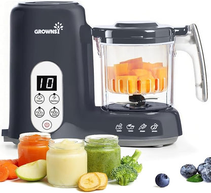 GROWNSY Baby Food Maker with Steam Basket, One Step Baby Food Processor Steamer Puree Blender Grinder Mills Machine, Auto Cooking Grinding and Sterili-zing for Healthy Homemade Baby Food, Dark Grey