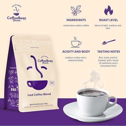 Coffee Bean Direct Iced Coffee Blend, Whole Bean Coffee, Mixed Roast Level, 1 Pound Bag (Pack of 1)