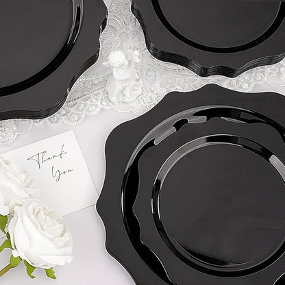 100 PCS Black Disposable Plates for 50 Guests, Scalloped Plastic Plates Include 50 Dinner Plates and 50 Dessert Plates for Party, Wedding, Graduation and Father's Day