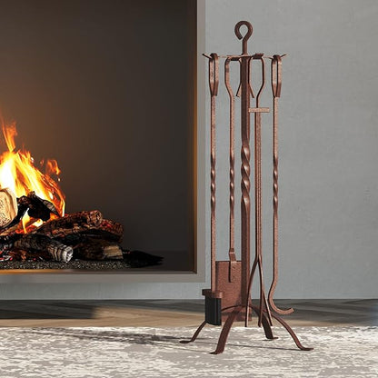 Fire Beauty 5 Pieces Fireplace Tools Sets Fireplace Accessories Tools Holder with Handles Tools for Indoor Fireplace Decor Outdoor Fire Pit Modern Tool(Antique Bronze)