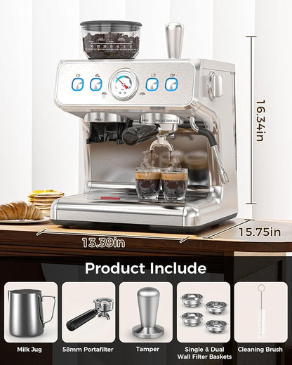 COWSAR Commercial Espresso Machine 15 Bar, Semi-Automatic Espresso Maker with Bean Grinder & Milk Frother Steam Wand, Removable Water Reservoir, Self-Cleaning, Ideal for Cappuccino, Stainless Steel