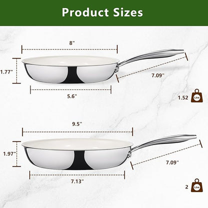 9.5 Inch Nonstick Ceramic Frying Pan, Tri-Ply Stainless Steel Skillet with Stay-Cool Handle, PFAS/PFOA/PTFE Free, No Seasoning Required, High Heat & Induction Safe, Dishwasher/Oven Safe