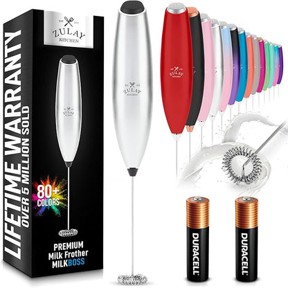 Zulay Kitchen Handheld Milk Frother with Duracell AA Batteries – Ultra Fast Electric Mixer & Foam Maker, Easy-Clean Drink Mixer for Coffee & More