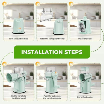 7 IN 1 Upgraded Rotary Cheese Grater with Handle – Vegetable Shredder with Built-in Storage Blade Slot, 5 Versatile Blades, Strong Suction Base Round Mandoline Slicer, Food Chopper for Kitchen