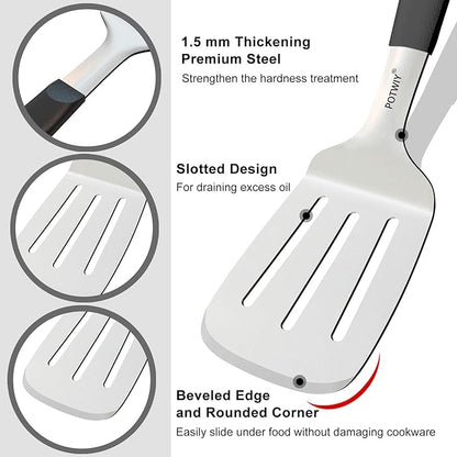 Slotted Spatula Stainless Steel, Large Metal Turner Spatula for Cast Iron Skillet and Flat Top Grills, Full Tang Silicone Handle, Heavy Duty Smash Burger & Egg Flipper, 4.6 x 3.7 In