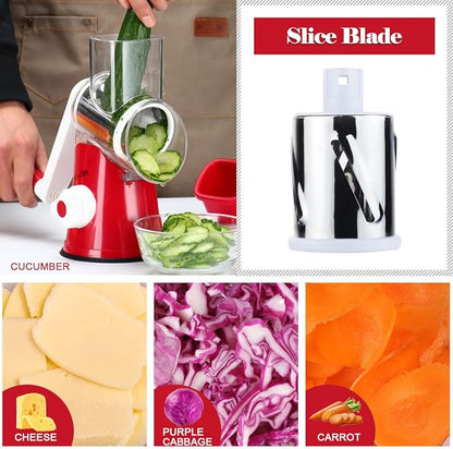 Ourokhome Rotary Cheese Grater Hand Crank, Kitchen Shredder Speed Mandolin Slicer Nut Grinder with Handle and Drum Blades for Cheese, Vegetable, Walnut, Chocolate, Potato, Carrot, 3 Blades, Red