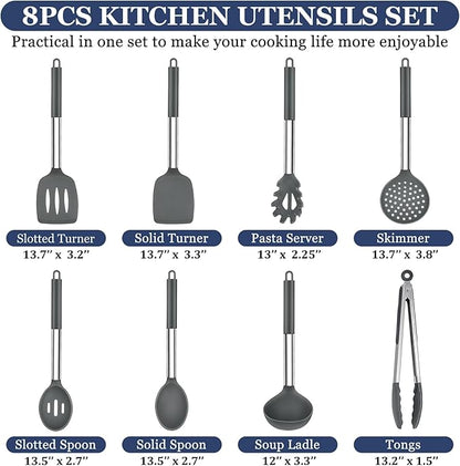 TeamFar Kitchen Utensils, 8PCS Silicone Utensils Kitchen Tools Set with Stainless Steel Handle, for Nonstick Cookware Frying Flipping Draining, Healthy & Anti-heat, Nonstick & Dishwasher Safe - Gray