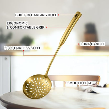 304 Stainless Steel Kitchen Cooking Utensils Set - 9 PCS Serving Utensils, Include Skimmer, Soup Ladle, Spaghetti Server, Wok Spatula, Slotted & Solid Spoon, Slotted Spatula Turner, Meat Fork (Gold）