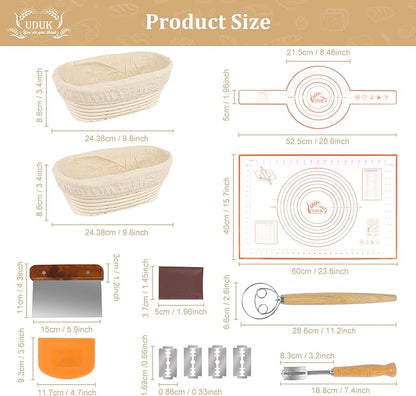 Sourdough Starter Kit - Bread Proofing Basket Set with 9.6" Oval Banneton Baskets x2, Silicone Bread Sling Baking Mat, Whisk Cutter Scraper Lame - Ideal Sourdough Bread Baking Supplies