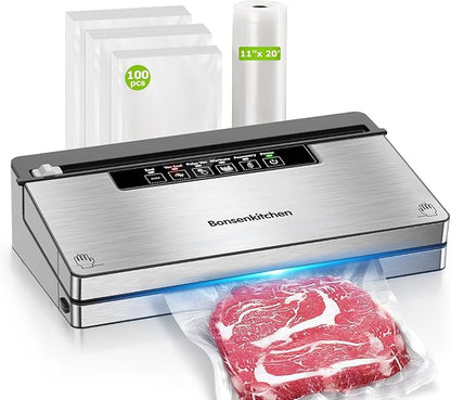 Bonsenkitchen Vacuum Sealer Machine, Stainless Steel Food Sealer Vacuum Sealers with 100 Bags & 1 Roll Bag, 5 Food Vacuum Modes, Built-in Cutter & Bag Storage, Silver-Black