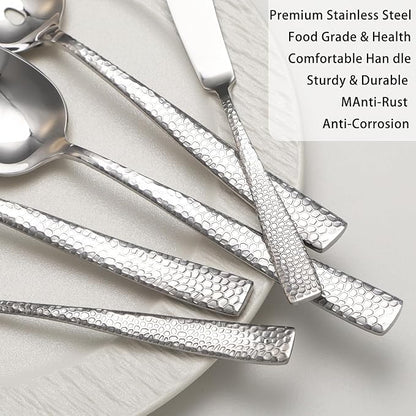 Large Hostess Serving Utensils Set, Stainless Steel Heavy Duty Hammered Serving spoons, Slotted Spoons, Serving Fork, Cake Server, Butter Knife, Dishwasher Safe（Silver）