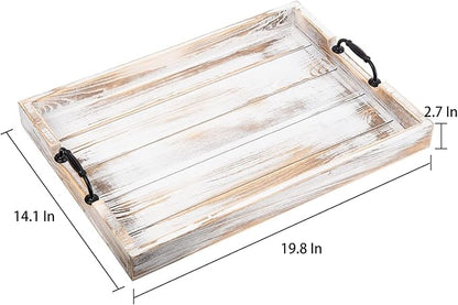 Rustic Vintage Big Wood Food Breakfast Serving Trays with Cutout Metal Handles(20 Inches) Large Nesting Board Decorative Serving Trays Platter in Bed, Ottoman, Coffee Table, BBQ, Party(Washed White