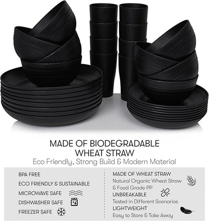 Wheat Straw Dinnerware Sets | Unbreakable Dinnerware Sets | Dishwasher Microwave Safe Dinnerware | Eco Friendly Non Breakable Dinnerware Sets | RV Outdoor Camping (Black, Service for 8 (32 pcs))