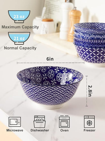 Ceramic Cereal Bowls, 23 Oz Blue and White Bowls, Porcelain Soup Bowl Set for Salad, Dessert, Pasta, Ice Cream,Set of 6