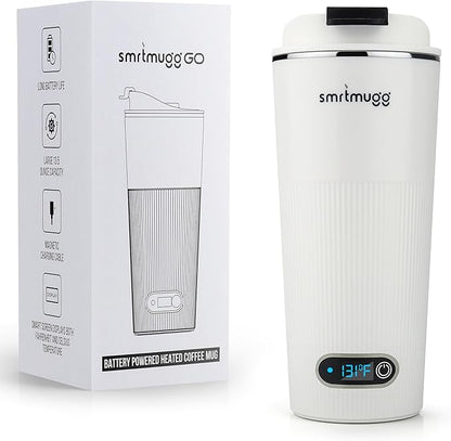 GO Heated Coffee Mug, Travel Mug, 13.5 OZ. Smart Mug, Battery Powered Heated Coffee Mug, Great for Coffee and Tea, Snap on Magnetic Charging Cord, New and Improved (White)