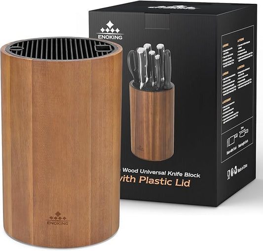 Enoking Universal Knife Block Holder with Plastic Lid, Acacia Wood Knife Block without Knives for Scissors, Sharpening Rod and Knives, Round Knife Storage Organizer Display