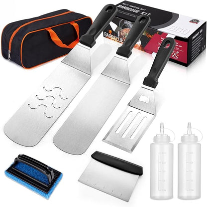 8PCS Whaleme Stainless Steel Spatula Set, Metal Spatula Set for Blackstone, Griddle Scraper/Hamburger Turner/Metal Grill BBQ Enlarged Spatulas Set with Carry Bag Outdoor BBQ & Teppanyaki and Camping