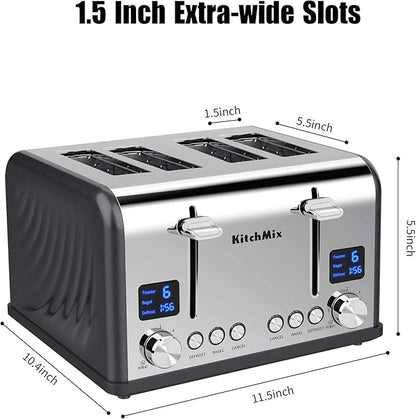 Toaster 4 Slice, Bagel Stainless Toaster with LCD Timer, Extra Wide Slots, Dual Screen, Removal Crumb Tray (Gray)