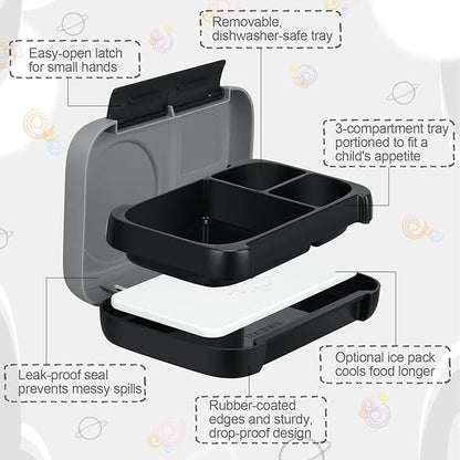 Bento Box for Kids,Kids Bento Lunch Box with Built-in Ice Pack for School,3 Compartments Leak Proof Lunch Container with Utensils for Girl Boy;BPA Free,Microwave & Dishwasher Safe, 44oz(Black)