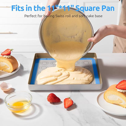 446ºF Heat Resistant Macaron Mat: U-Taste 11x11in Non Stick Silicone Baking Mat, Reusable Cookies Pastry Sheet Liner with Edge Enhancement & Circle Measurement for Square Cake Pan (2 PCS, Light Blue)