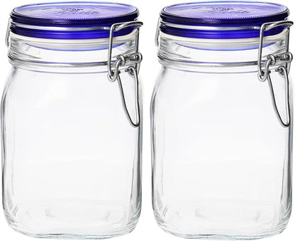 Bormioli Rocco Fido Collection, 2 Pack, 33¾ Oz. Food Storage Glass Jars, Airtight Rubber Seal & Glass Lid, With Stainless Wire Clamp, Made In Italy.