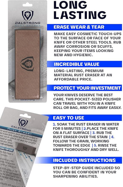 Dalstrong Premium Rust Remover & Eraser - Knife Maintenance and Care - For Knives, Scissors, Stainless Steel Pots and Pans, Whetstones - Sharp Polish for Tools - Calcium Carbonate