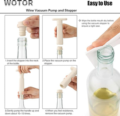 WOTOR Wine Saver Vacuum Pump with 20 Stoppers, Wine Stopper & Preserver, Reusable Bottle Sealer Keeps Fresh, Ideal Accessories Gift, Flat Handle (Cream)