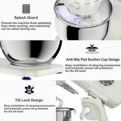 8.45 QT All Metal Dough Mixer,10 Speed Large Capacity Kitchen Stand Mixer with Digital Timer & Tilt-Head, Electric Mixer with Whisk Dough Hook Mixing Beater for Baking,Cakes,Cookie,Bread,Salad(White)