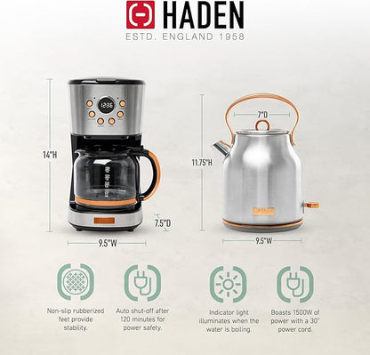 HADEN Heritage 1.7 Liter Stainless Steel Electric Kettle Bundled with 12 Cup Drip Coffee Maker, Coffee Machine with Auto Shut-Off, Steel & Copper