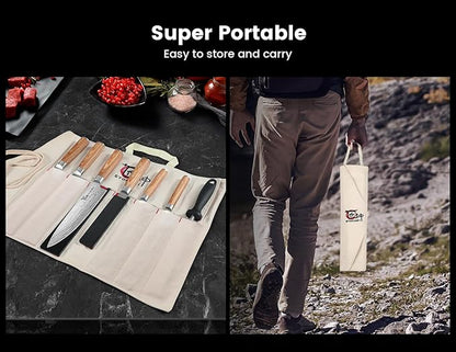 14pcs Chef Knife Set with Roll Bag, Professional Stainless Steel Japanese Knife Set with Pakkawood Handle for Professional Chef, Camping, Travel, BBQ, RV or Gift Beige