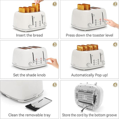 Toaster 4 Slice, Retro Stainless with 6 Bread Shade Settings,1.5''Wide Slots Toaster with Cancel/Defrost/Reheat Functions,Dual Independent Control Panel, Removal Crumb Tray (White)