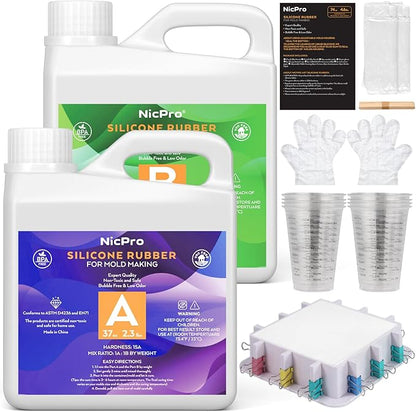 Nicpro 74oz Silicone Mold Making Kit, 15A Platinum Liquid Silicone Rubber, Jade Green Flexible, Silicone Molds Maker Mix Ratio 1:1 for Casting 3D Resins Molds DIY with Molds Housing, Mixing Cups