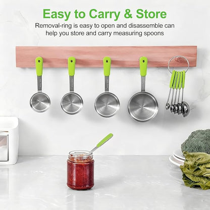 Measuring Cups and Spoons Set, Stainless Steel 10 Piece for Cooking and Baking (5 Cups + 5 Spoons, Green Handle)