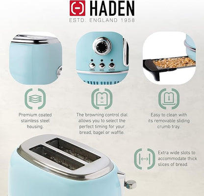 Haden Heritage 1.7 Liter Stainless Steel Electric Tea Kettle with Heritage 2 Slice Wide Slot Stainless Steel Bread Toaster, Turquoise