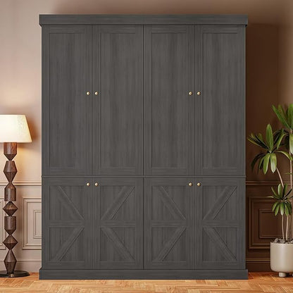 70.8" Tall Bookshelf with Doors, Farmhouse Modular Bookcase with 4-Tier Adjustable Shelves, Large Storage Cabinet for Home Office, Living Room, Black, Set of 3