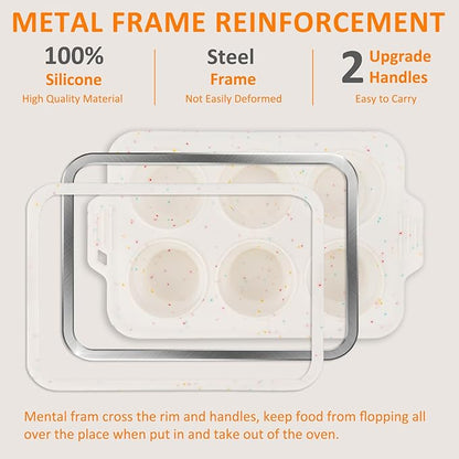 Silicone Muffin Pan for Baking, Collapsible Muffin Pan with Metal Reinforced Frame, Non-stick Silicone Molds for Baking, BPA Free & Oven Safe Cupcake Pan, Regular Size 6 CUP Non-Toxic (2 Pack)