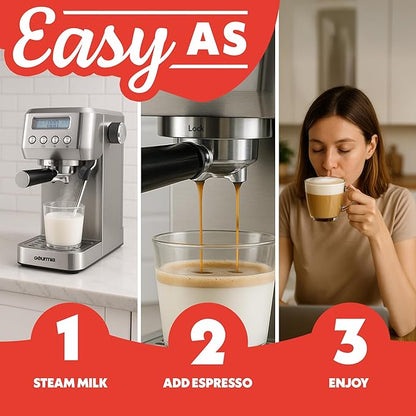 Gourmia Slim Espresso Machine – 20-Bar Pump, LCD Display, Milk Frother, Adjustable Temperature, Manual & Auto Brew for Single/Double Shots, 1350W, Stainless Steel