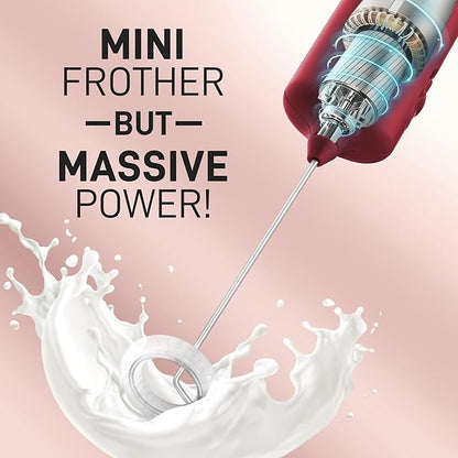 Mini & Mighty Milk Frother Wand – Powerful Handheld Coffee Frother, Battery Operated Drink Mixer – Compact Pocket Size – Detachable Whisk for Latte, Cappuccino, Matcha, Hot Chocolate – Cranberry