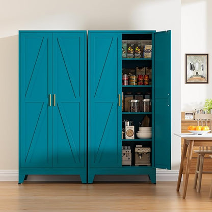 71" Tall Metal Pantry Cabinet, Kitchen Storage Cabinet with 2 Doors and 4 Adjustable Shelves for Kitchen, Living Room, Dining Room, Bathroom and Home, Office (Blue, 71" H)