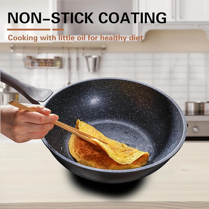 Kordisen Nonstick Wok with Lid, 12 Inch Woks & Stir-fry Pans, Granite Stone Coating for Cooking, Induction Cookware, Compatible with All Stovetops, PFOA Free