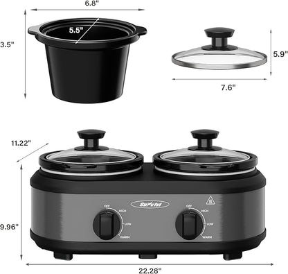 Sunvivi Dual Slow Cooker, Buffet Servers and Warmer with 2 Removable Ceramic Pots, Slow Cooker Food Warmer with Adjustable Temp & Glass Lids, Stainless Steel, 2 x 1.25 QT, Silver Grey