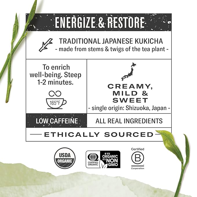 Numi Organic Kukicha Japanese Green Tea, 48 Green Tea Bags, Roasted Japanese Twig Tea, Caffeinated