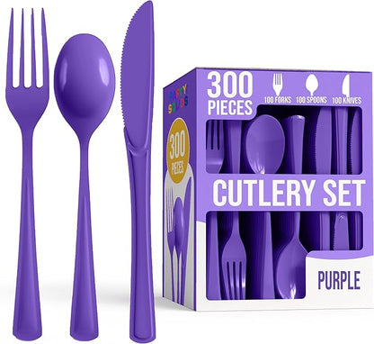 Party Solids Purple Plastic Silverware Heavy Duty 300 Pieces Purple Plastic Cutlery Sets, Utensil Sets, 100 Of Each Forks, Knives & Spoons Disposable Cutlery Set, Flatware Set For Party Supplies