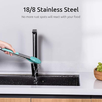 Kitchen Tongs, U-Taste 7/9/12 inches Cooking Tongs, with 600ºF High Heat-Resistant Non-Stick Silicone Tips, 18/8 Stainless Steel Handle, for Food Grill, Salad, BBQ, Frying, Serving, Pack of 3(Teal)