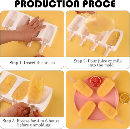 Sakolla Large Silicone Popsicle Molds Set of 3, Oval 4 Cavities Homemade Ice Pop Molds with 150 Wooden Sticks for Ice Cream, Cakesicles, Cake Pop (White)