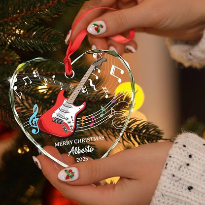 Customized Year Text Name Guitar Bass Lover Glass Ornament, Personalized Guitar Bass Christmas Ornaments Gift for Friends Coworker Besties Daughter Son, Novelty Instrument Glass Christmas Ornament