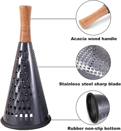 Cone Cheese Grater with Handle Stainless Steel Grater Triple Function Wood Handle Shredder Non-Slip Rubber Bottom Hand Held Multifunction Vegetables Grater Black 4-Size (Size S: 7.7" X 3.5" Black)