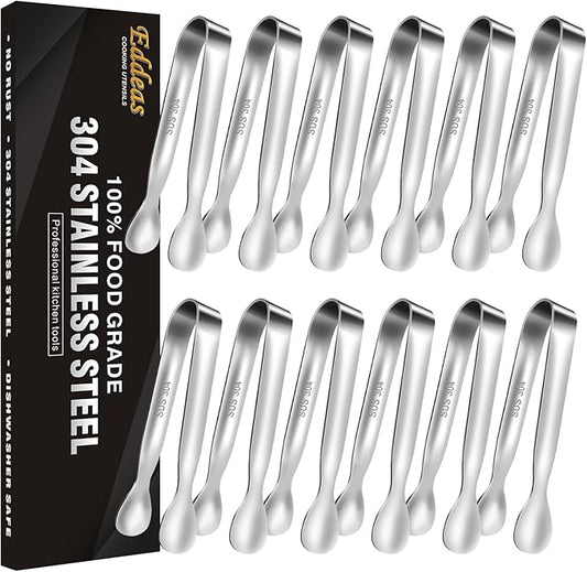Mini Tongs For Serving Food，Set fo 12 Small Tongs For Appetizers，Small Stainless Steel Metal Cooking Tong，for Tea Party Coffee Bar, 4 inch Sugar Tong - Silver