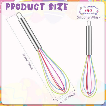 Domensi 24 Pcs 10 Inch Whisks Bulk for Cooking Silicone Whisks Non Scratch Stainless Steel Egg Beater Colorful Coated Metal Heat Resistant Egg Beaters for Mothers Day Party Favor Gift Supplies